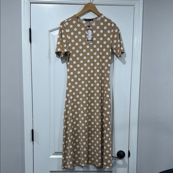 🔵 Boohoo Polka Dot Tan Mocha Dress New w/ Tag Size 8 - Picture 2 of 8